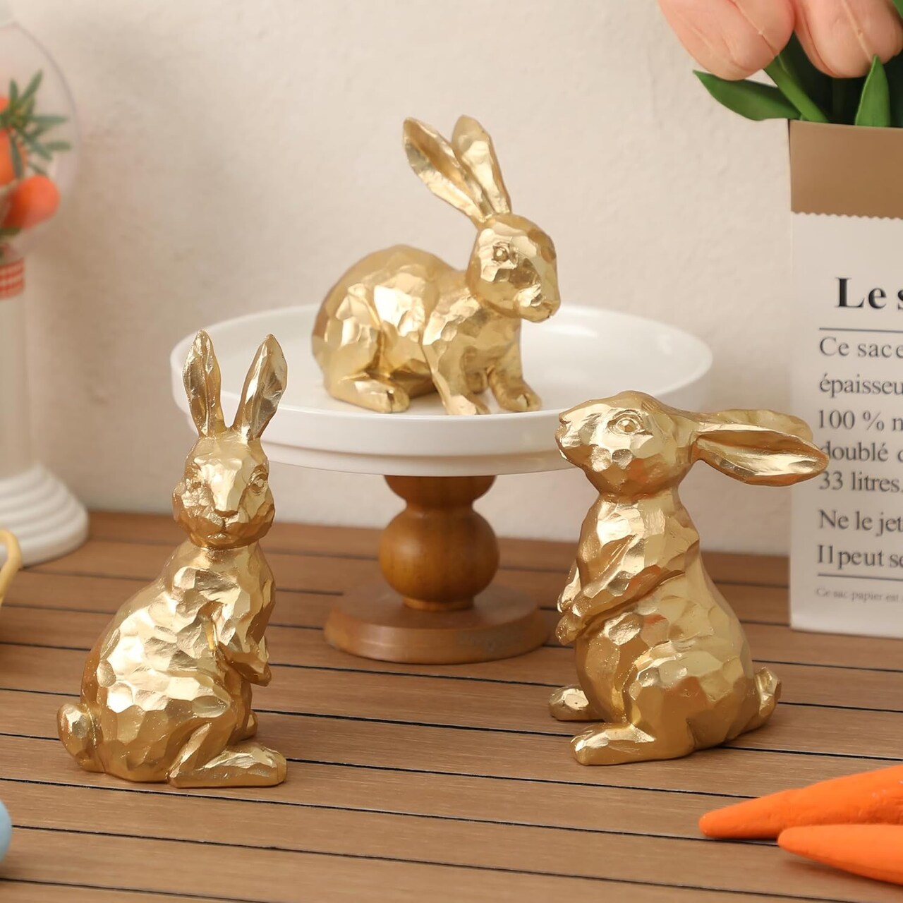 Easter Bunny Decorations – Set of 3 Golden Resin Rabbit Figurines for Easter Table Centerpiece, Spring Home Décor, and Holiday Display